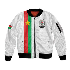 Personalized Burkina Faso Sleeve Zip Bomber Jacket Striped White - Bogolan Pattern - African Pride