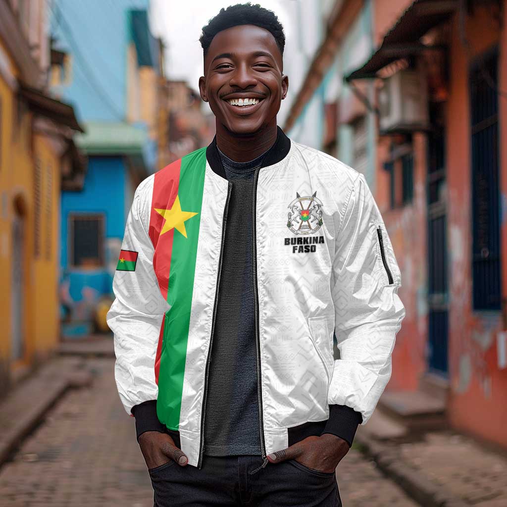 Personalized Burkina Faso Sleeve Zip Bomber Jacket Striped White - Bogolan Pattern - African Pride