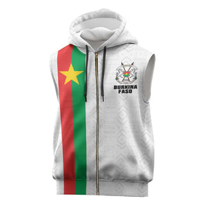 Personalized Burkina Faso Sleeveless Zip Hoodie Striped White - Bogolan Pattern - African Pride