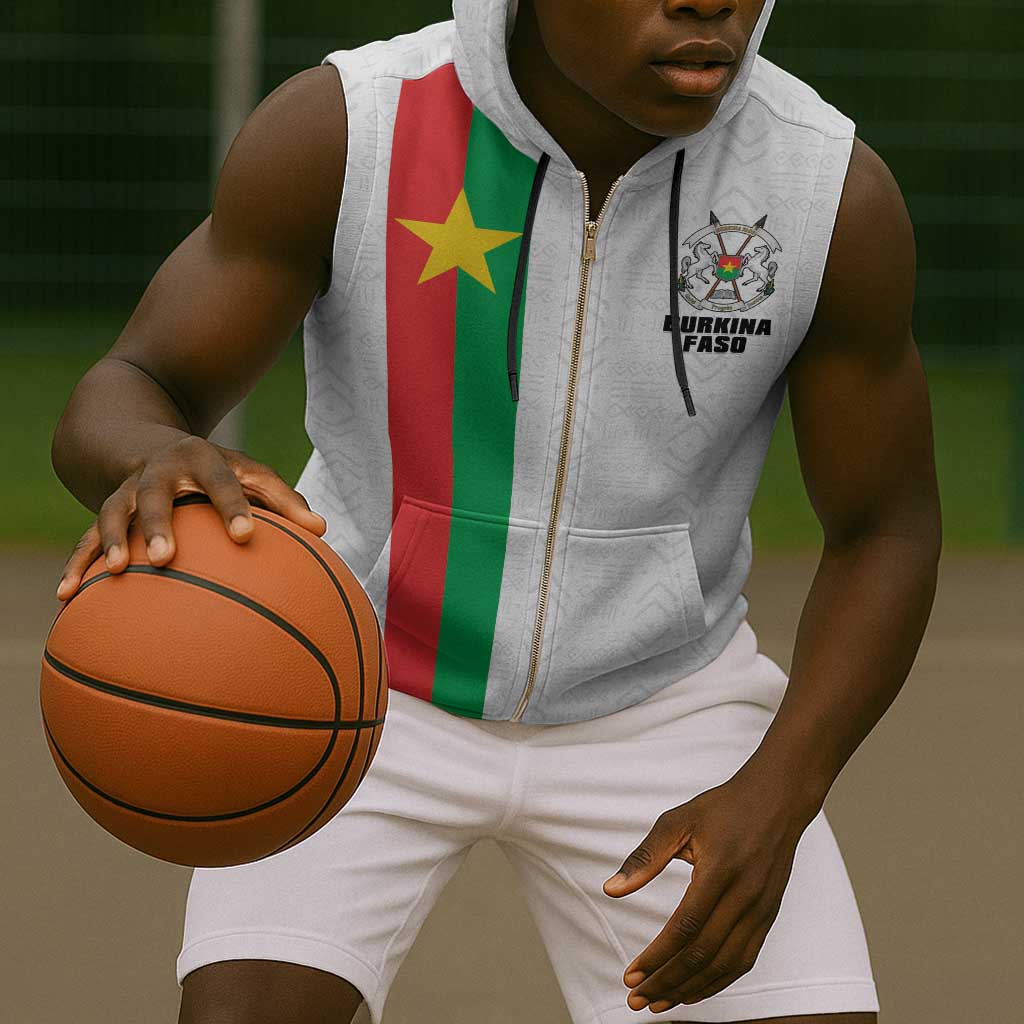 Personalized Burkina Faso Sleeveless Zip Hoodie Striped White - Bogolan Pattern - African Pride