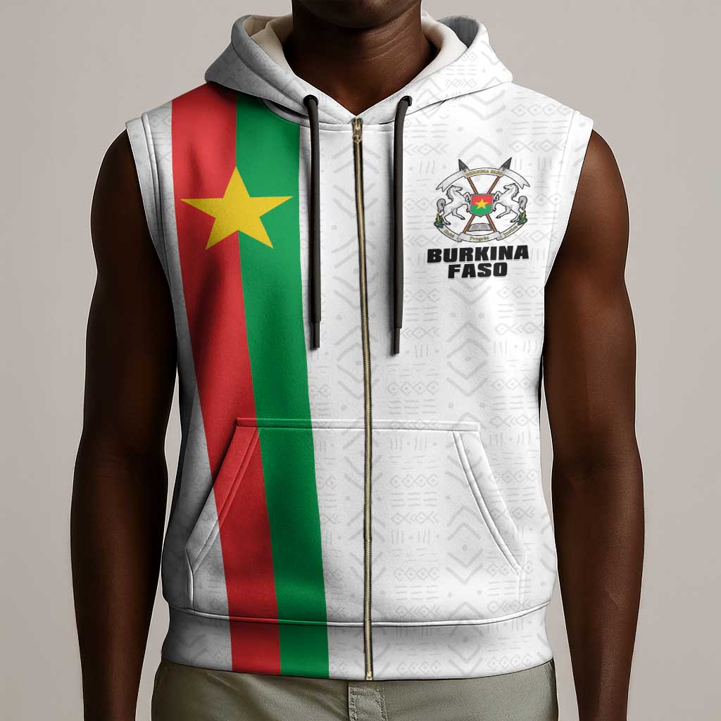 Personalized Burkina Faso Sleeveless Zip Hoodie Striped White - Bogolan Pattern - African Pride