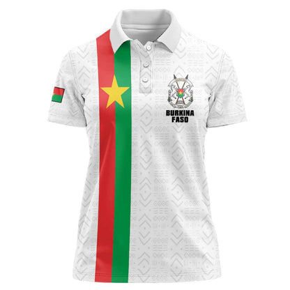 Personalized Burkina Faso Women Polo Shirt Striped White - Bogolan Pattern - African Pride