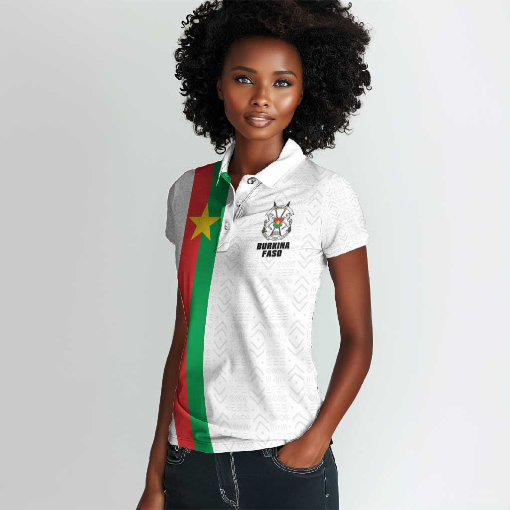 Personalized Burkina Faso Women Polo Shirt Striped White - Bogolan Pattern - African Pride