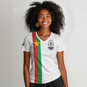 Personalized Burkina Faso Women V-Neck T-Shirt Striped White - Bogolan Pattern - African Pride