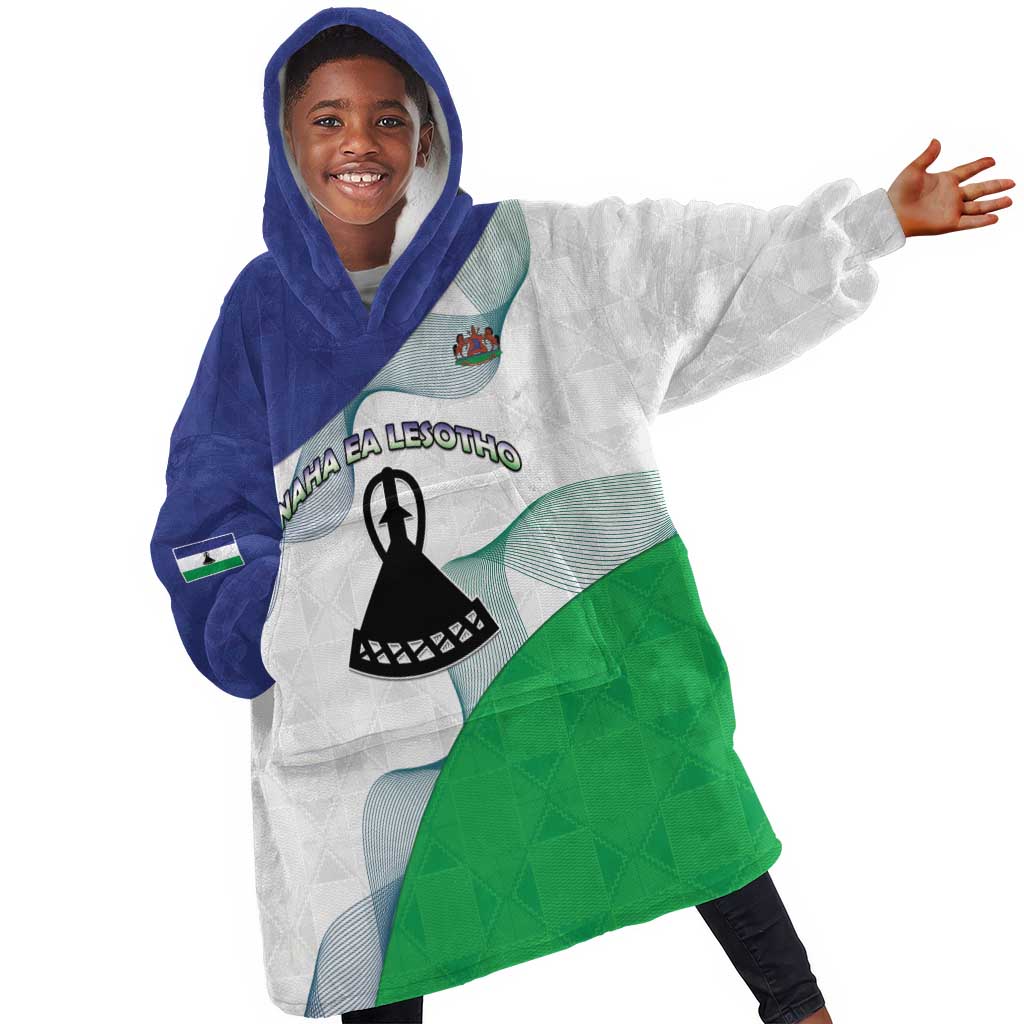Personalized Naha ea Lesotho Kid Wearable Blanket Hoodie Coat Of Arms With Kente Pattern - African Pride