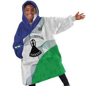 Personalized Naha ea Lesotho Kid Wearable Blanket Hoodie Coat Of Arms With Kente Pattern - African Pride