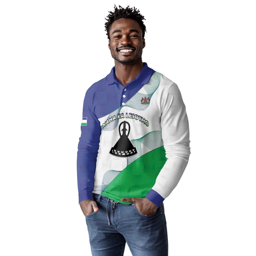 Personalized Naha ea Lesotho Long Sleeve Polo Shirt Coat Of Arms With Kente Pattern - African Pride
