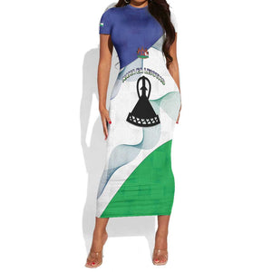 Personalized Naha ea Lesotho Short Sleeve Bodycon Dress Coat Of Arms With Kente Pattern - African Pride