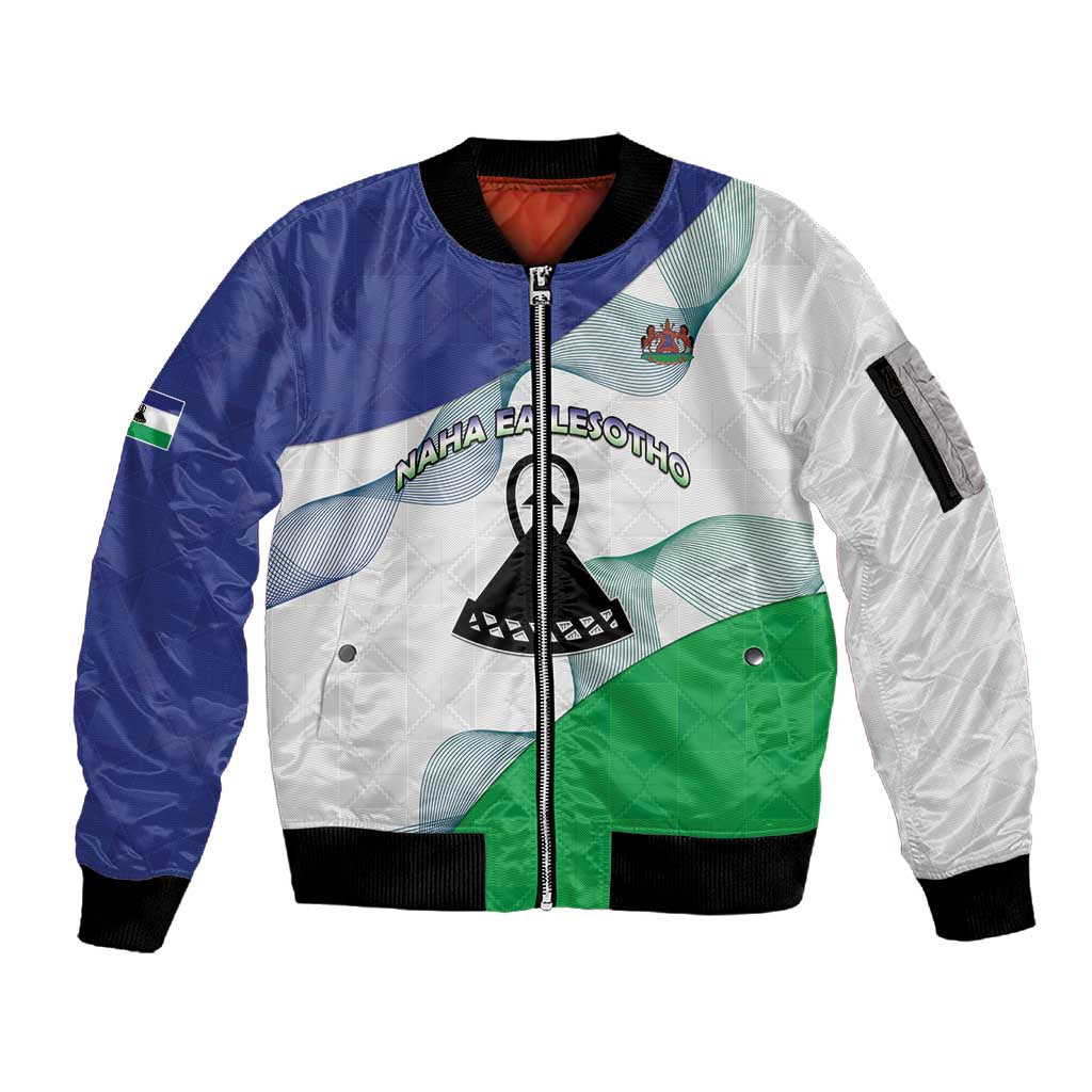 Personalized Naha ea Lesotho Sleeve Zip Bomber Jacket Coat Of Arms With Kente Pattern - African Pride