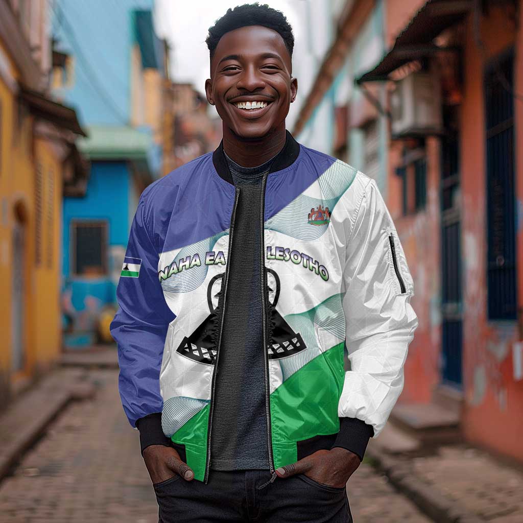 Personalized Naha ea Lesotho Sleeve Zip Bomber Jacket Coat Of Arms With Kente Pattern - African Pride
