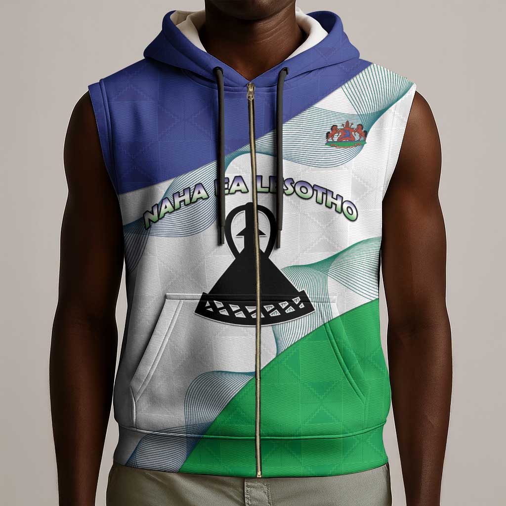 Personalized Naha ea Lesotho Sleeveless Zip Hoodie Coat Of Arms With Kente Pattern - African Pride