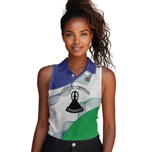 Personalized Naha ea Lesotho Women Sleeveless Polo Shirt Coat Of Arms With Kente Pattern - African Pride
