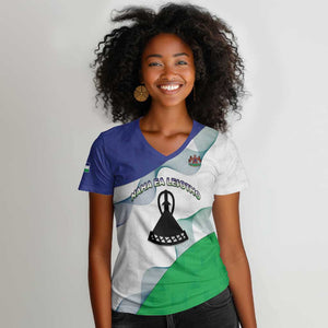 Personalized Naha ea Lesotho Women V-Neck T-Shirt Coat Of Arms With Kente Pattern - African Pride