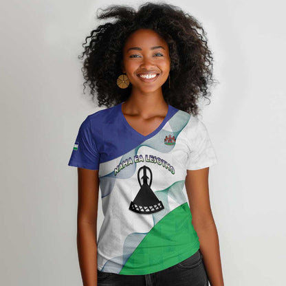 Personalized Naha ea Lesotho Women V-Neck T-Shirt Coat Of Arms With Kente Pattern - African Pride