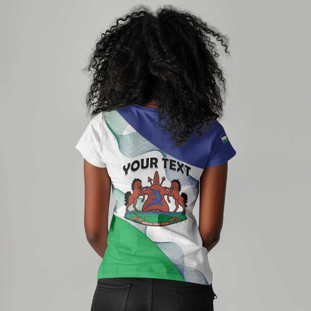 Personalized Naha ea Lesotho Women V-Neck T-Shirt Coat Of Arms With Kente Pattern - African Pride