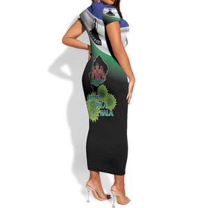 Happy Lesotho Independence Day Short Sleeve Bodycon Dress Khotso Pula Nala - African Pride