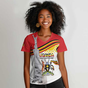 Uganda Independence Day Personalized Women V-Neck T-Shirt Independence Monument - African Pride