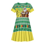 Afro Chirstmas in Senegal Kid Short Sleeve Dress Black Santa Playing Djembe Drum - African Pride