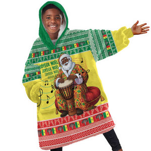 Afro Chirstmas in Senegal Kid Wearable Blanket Hoodie Black Santa Playing Djembe Drum - African Pride