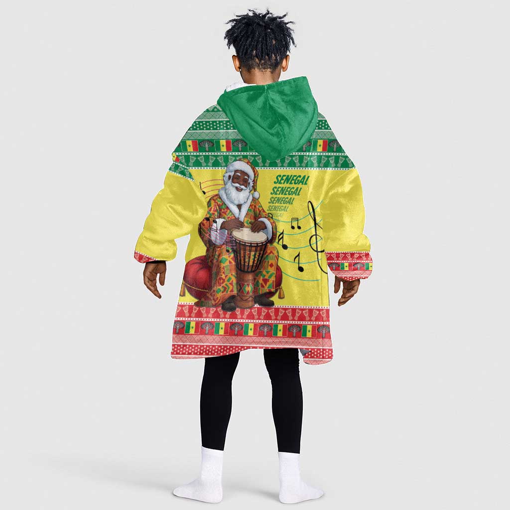 Afro Chirstmas in Senegal Kid Wearable Blanket Hoodie Black Santa Playing Djembe Drum - African Pride