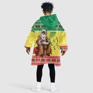 Afro Chirstmas in Senegal Kid Wearable Blanket Hoodie Black Santa Playing Djembe Drum - African Pride
