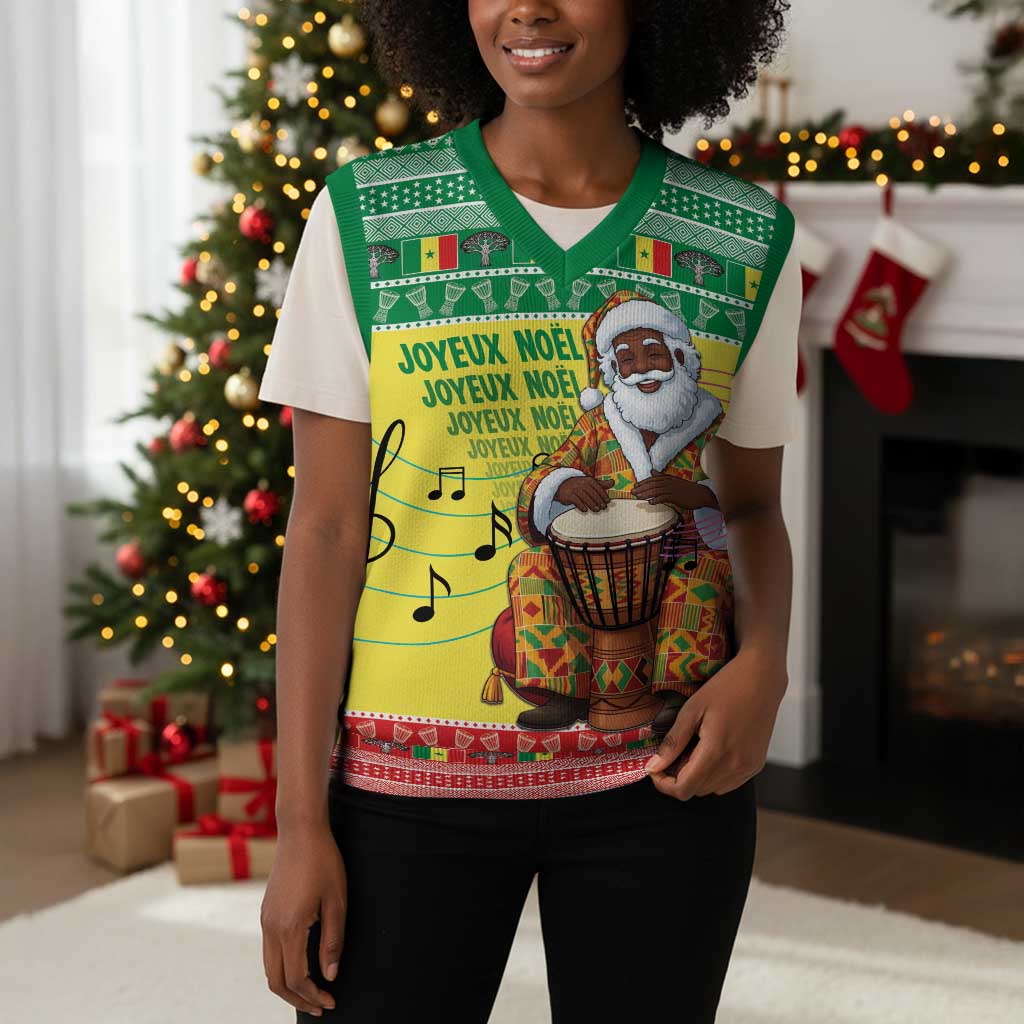 Afro Chirstmas in Senegal Christmas Knitted V-Neck Vest Black Santa Playing Djembe Drum - African Pride