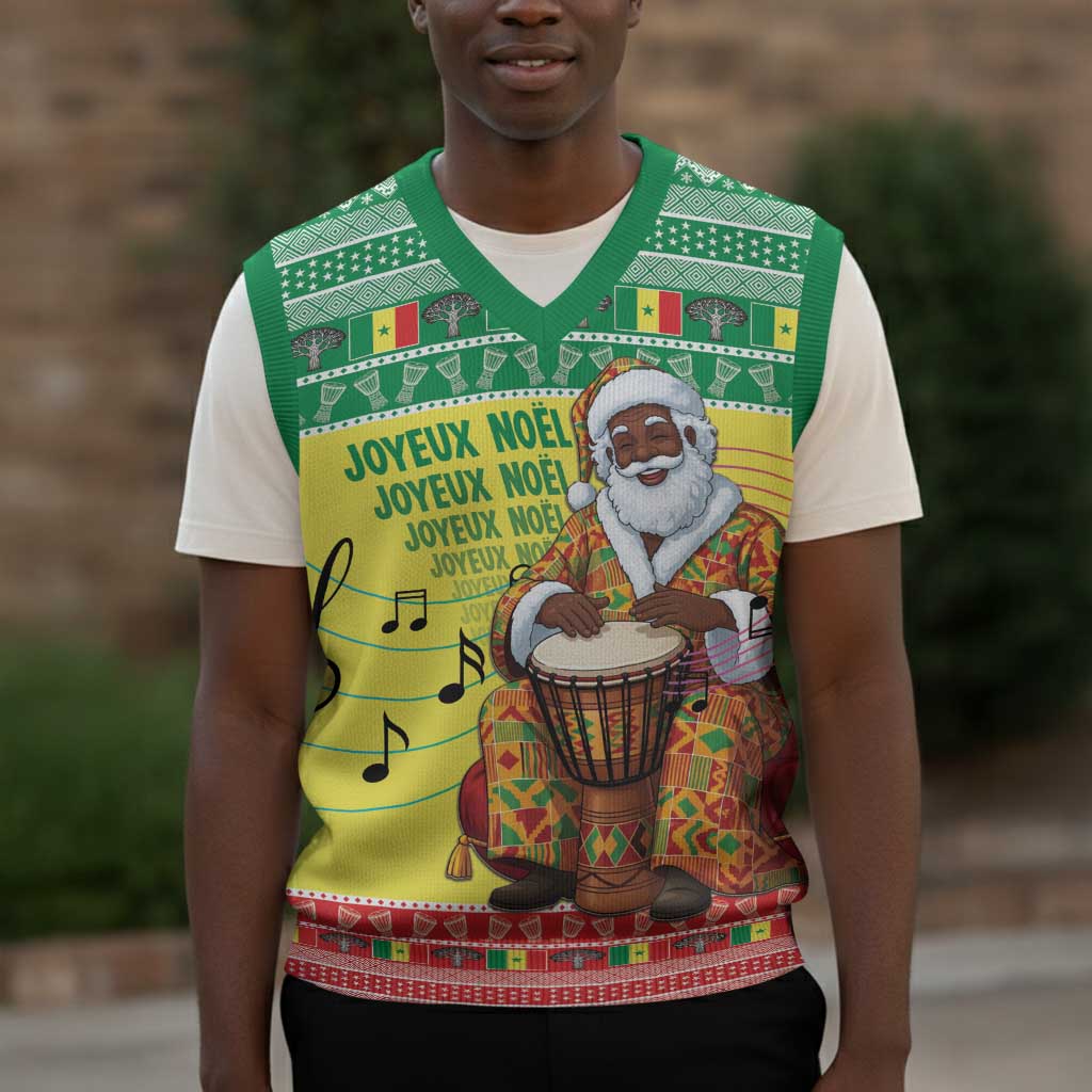 Afro Chirstmas in Senegal Christmas Knitted V-Neck Vest Black Santa Playing Djembe Drum - African Pride