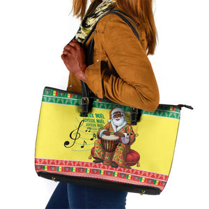 Afro Chirstmas in Senegal Leather Tote Bag Black Santa Playing Djembe Drum - African Pride