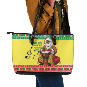 Afro Chirstmas in Senegal Leather Tote Bag Black Santa Playing Djembe Drum - African Pride