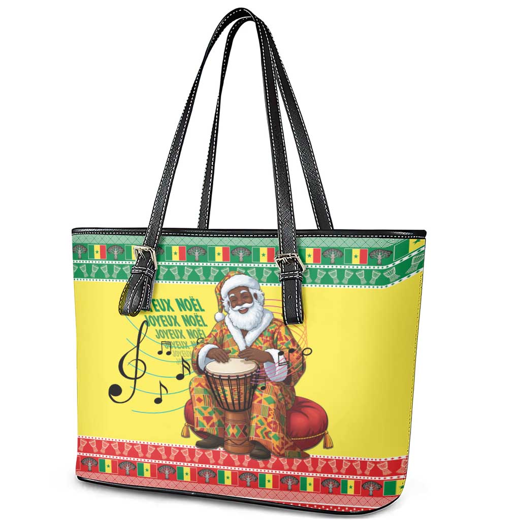 Afro Chirstmas in Senegal Leather Tote Bag Black Santa Playing Djembe Drum - African Pride