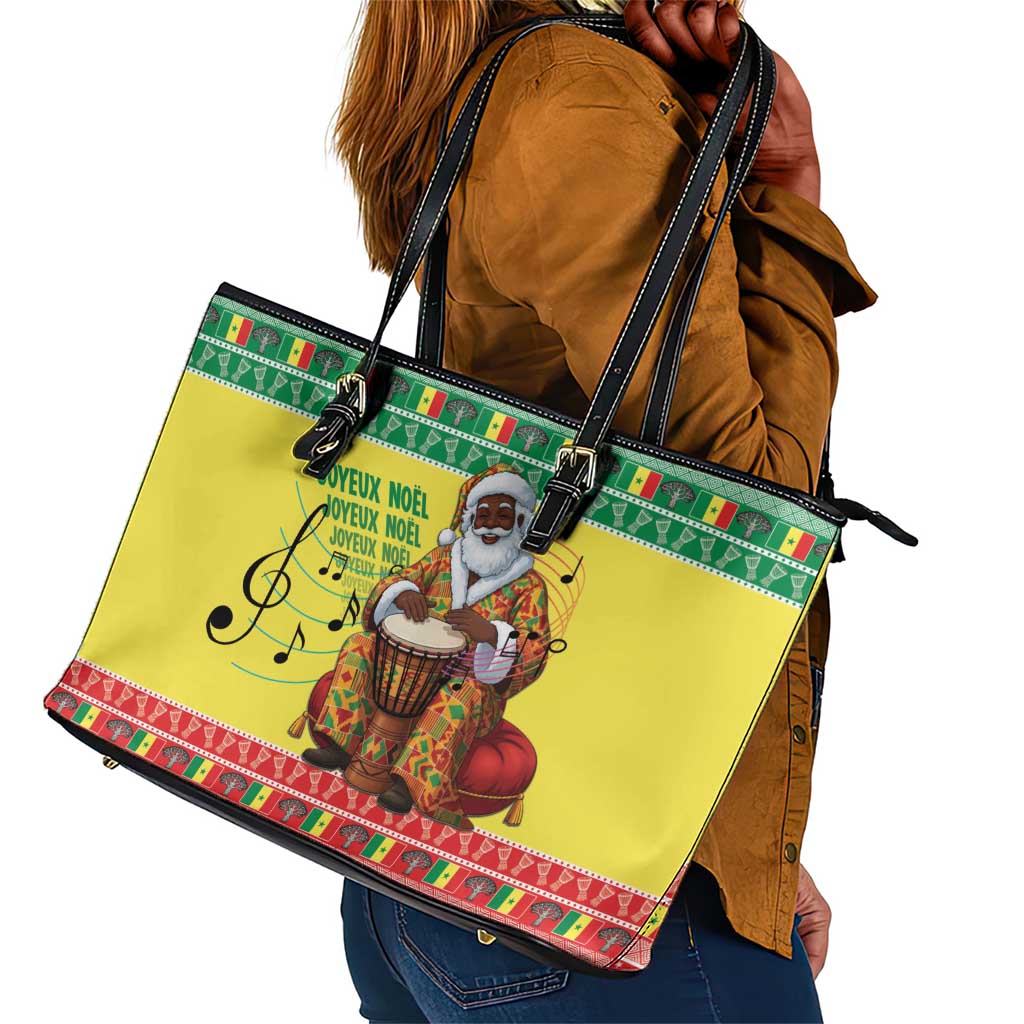Afro Chirstmas in Senegal Leather Tote Bag Black Santa Playing Djembe Drum - African Pride