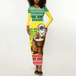 Afro Chirstmas in Senegal Long Sleeve Bodycon Dress Black Santa Playing Djembe Drum - African Pride