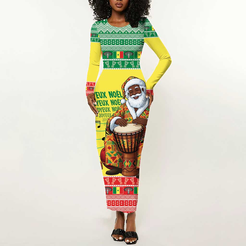 Afro Chirstmas in Senegal Long Sleeve Bodycon Dress Black Santa Playing Djembe Drum - African Pride