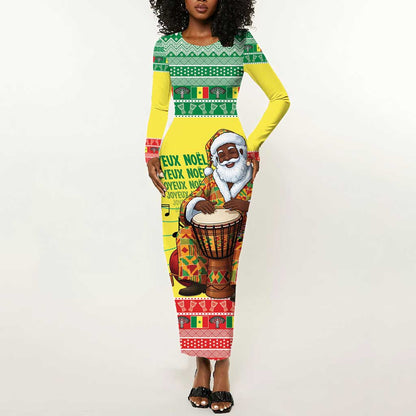 Afro Chirstmas in Senegal Long Sleeve Bodycon Dress Black Santa Playing Djembe Drum - African Pride