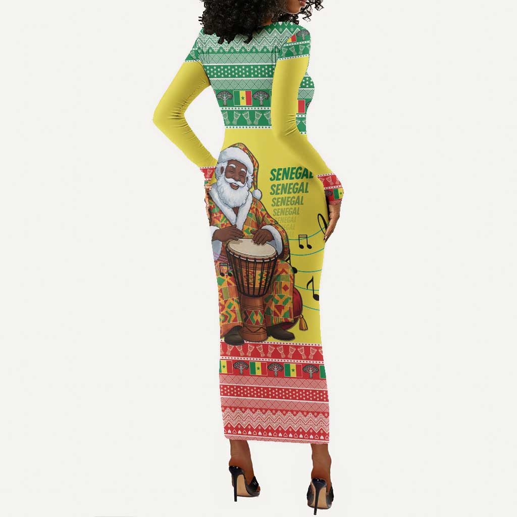 Afro Chirstmas in Senegal Long Sleeve Bodycon Dress Black Santa Playing Djembe Drum - African Pride