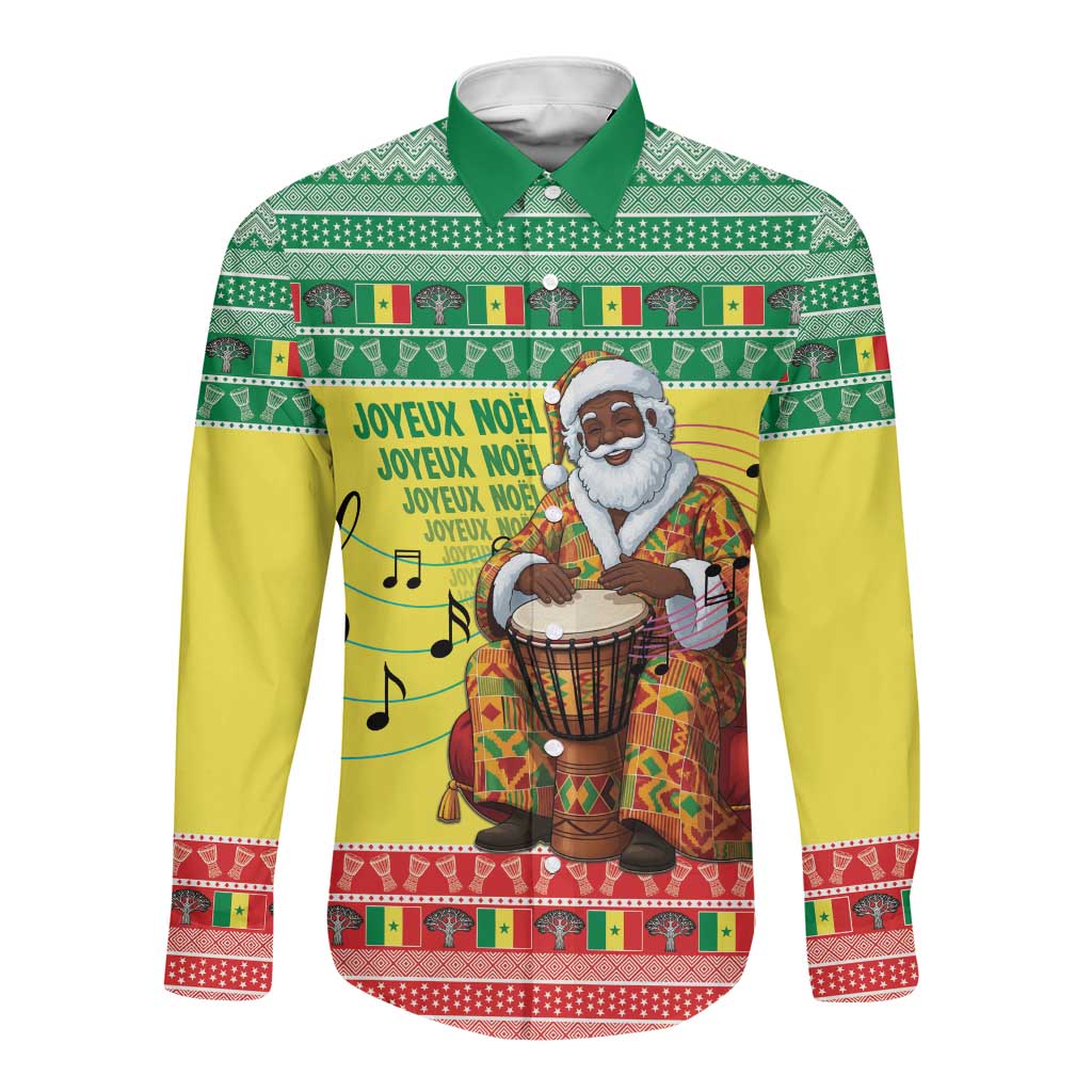 Afro Chirstmas in Senegal Long Sleeve Button Shirt Black Santa Playing Djembe Drum - African Pride