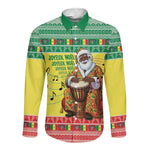Afro Chirstmas in Senegal Long Sleeve Button Shirt Black Santa Playing Djembe Drum - African Pride