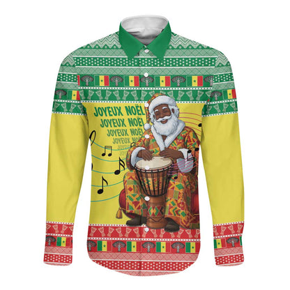 Afro Chirstmas in Senegal Long Sleeve Button Shirt Black Santa Playing Djembe Drum - African Pride