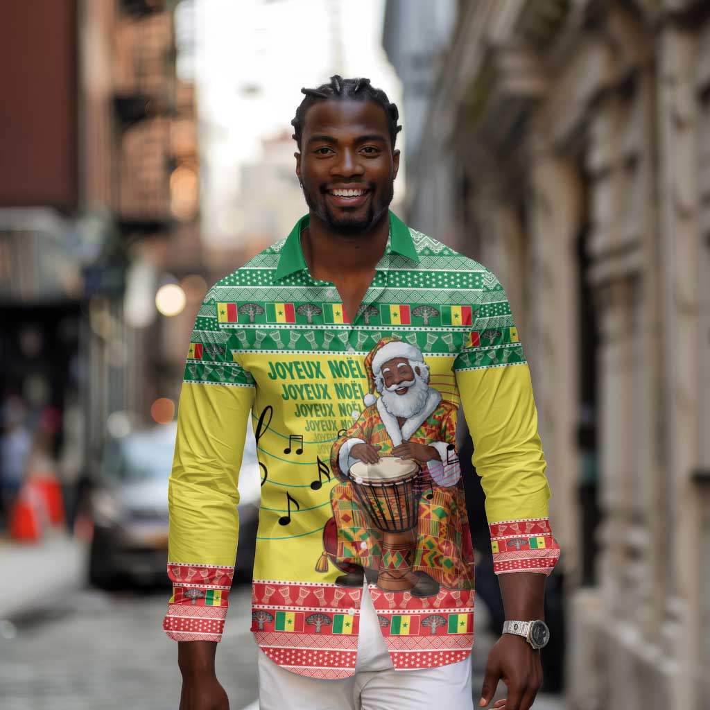 Afro Chirstmas in Senegal Long Sleeve Button Shirt Black Santa Playing Djembe Drum - African Pride