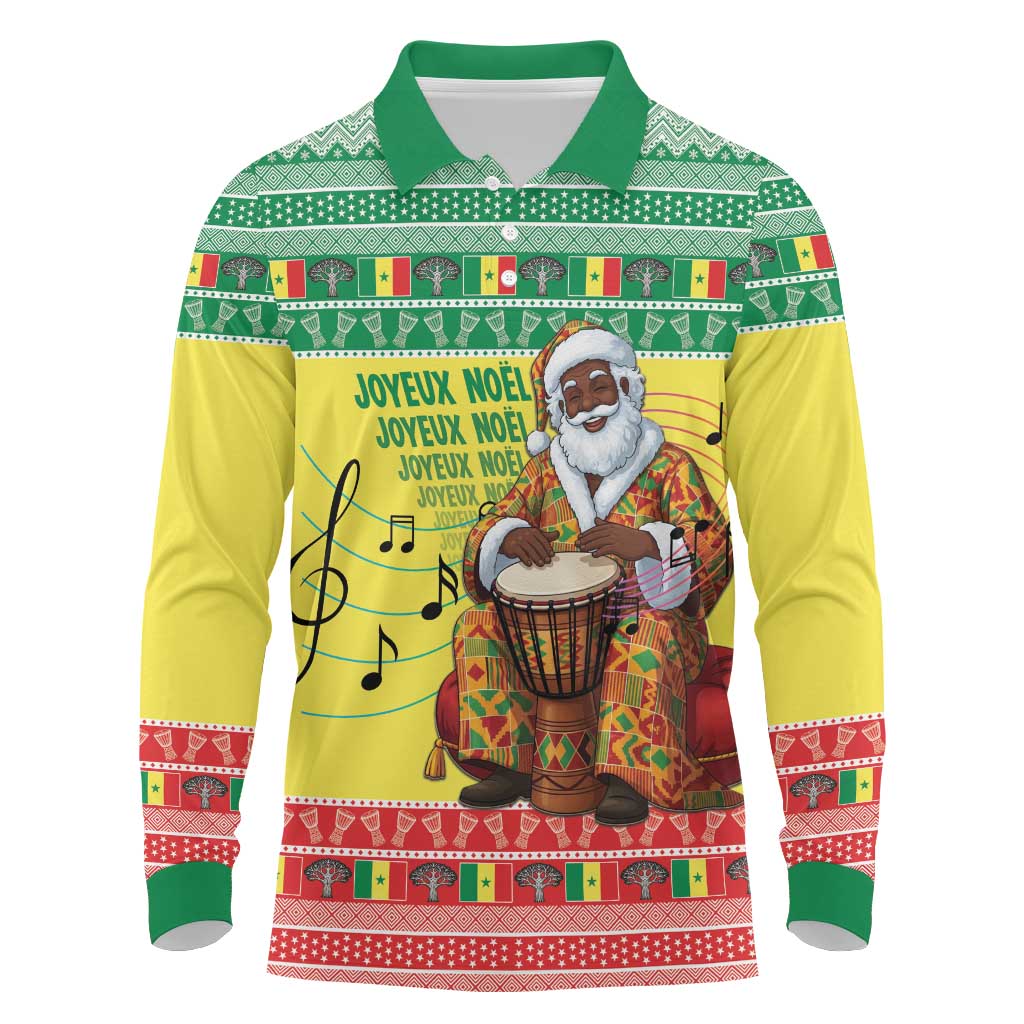 Afro Chirstmas in Senegal Long Sleeve Polo Shirt Black Santa Playing Djembe Drum - African Pride