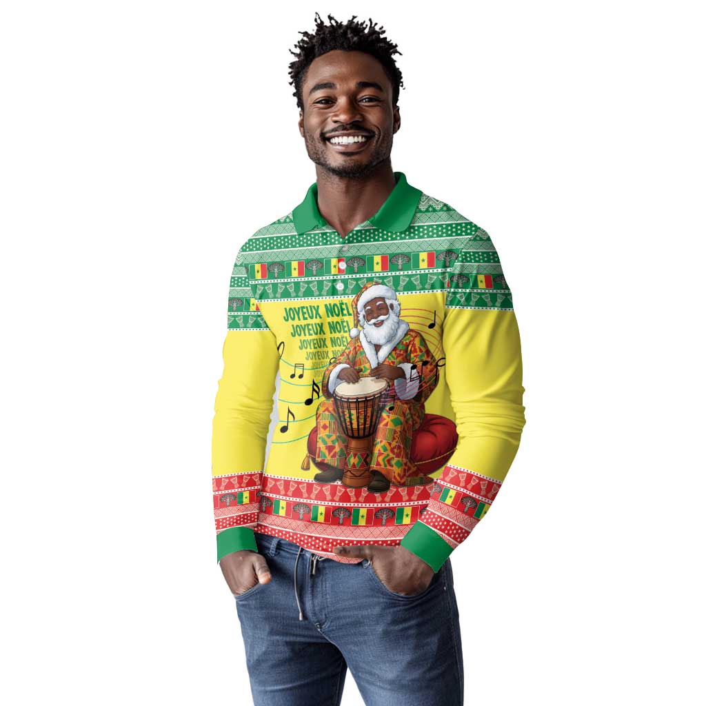 Afro Chirstmas in Senegal Long Sleeve Polo Shirt Black Santa Playing Djembe Drum - African Pride