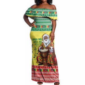 Afro Chirstmas in Senegal Off Shoulder Maxi Dress Black Santa Playing Djembe Drum - African Pride
