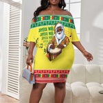 Afro Chirstmas in Senegal Off Shoulder Short Dress Black Santa Playing Djembe Drum - African Pride