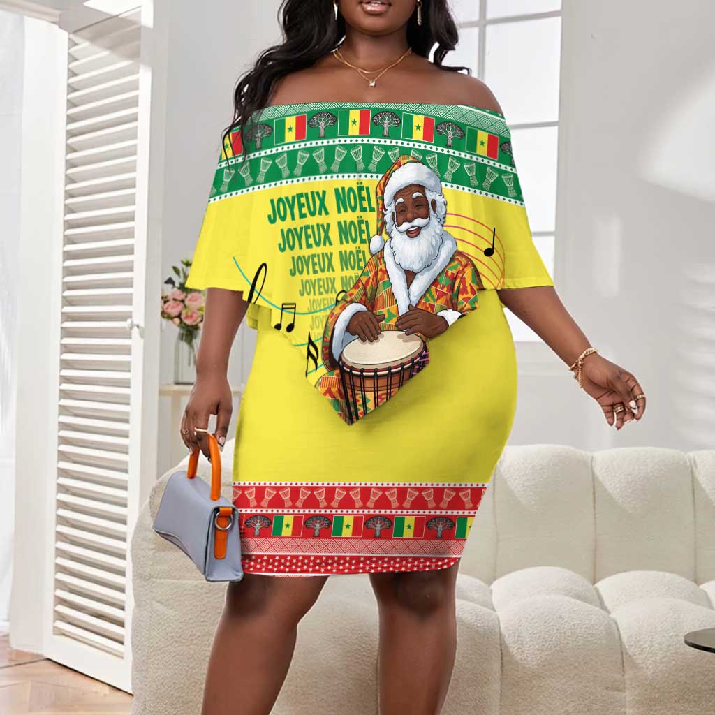 Afro Chirstmas in Senegal Off Shoulder Short Dress Black Santa Playing Djembe Drum - African Pride