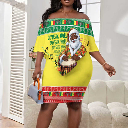 Afro Chirstmas in Senegal Off Shoulder Short Dress Black Santa Playing Djembe Drum - African Pride
