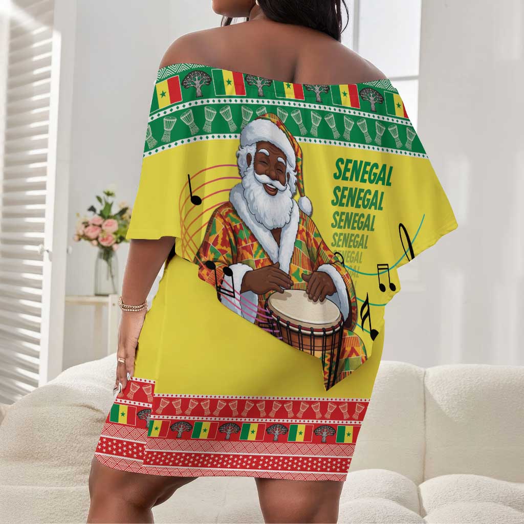 Afro Chirstmas in Senegal Off Shoulder Short Dress Black Santa Playing Djembe Drum - African Pride