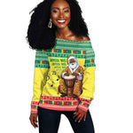 Afro Chirstmas in Senegal Off Shoulder Sweater Black Santa Playing Djembe Drum - African Pride