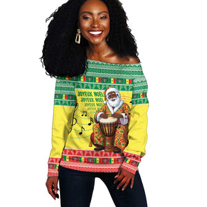 Afro Chirstmas in Senegal Off Shoulder Sweater Black Santa Playing Djembe Drum - African Pride