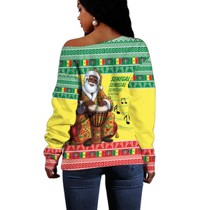 Afro Chirstmas in Senegal Off Shoulder Sweater Black Santa Playing Djembe Drum - African Pride