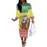 Afro Chirstmas in Senegal Off The Shoulder Long Sleeve Dress Black Santa Playing Djembe Drum - African Pride